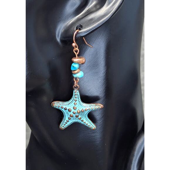 Starfish Earrings, Green Patina Copper-tone, Dangle, Fishhook Back - Picture 1 of 4